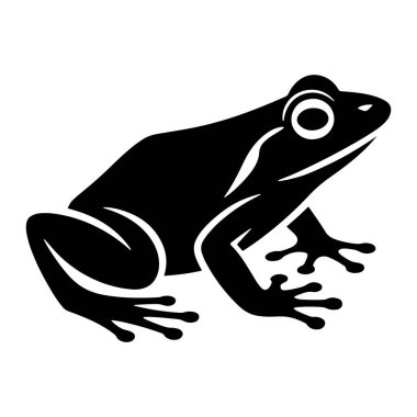Beyaz arka planda siyah bir kurbağa silueti tasvir edilir. Kurbağa profilden gösteriliyor, sağa bakıyor. Her birinin içinde daha küçük bir daire olan büyük, yuvarlak gözleri var. Bu da göz bebeklerini gösteriyor. Vücut pürüzsüz ve pürüzsüz, belirgin h ile.