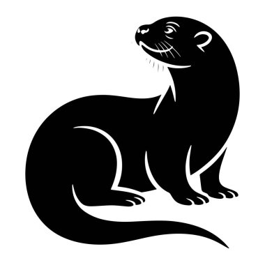 Bir su samurunun stilize edilmiş siyah silueti düz beyaz bir arka planda tasvir edilir. Su samuru profilden gösteriliyor, gövdesi bükülmüş ve kuyruğu uzatılmış olarak oturuyor. Beyaz çizgiler, su samurunun kürkünü, gözlerini, bıyıklarını ve patilerini vurguluyor., 