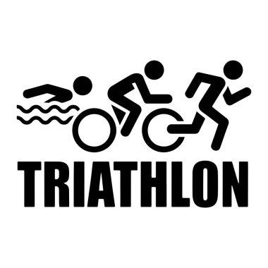 Siyah beyaz bir grafik, bir triatlonda çarpışan üç stilize çöp figürü tasvir ediyor. En soldaki şekil suyu gösteren dalgalı çizgilerle yüzmek. Ortadaki figür bisiklete biniyor. En doğru figür koşuyor. Rakamların altında.