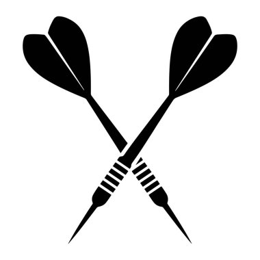 İki darttan oluşan siyah bir siluet beyaz arka planda birbirinin üzerinden geçti. Her dartın sivri uçlu bir ucu, yatay siyah çizgileri olan bir şaftı ve tepesinde tüylü bir uçuşu vardır. Dartlar köşegen olarak konumlandırılmış. Noktaları aşağı bakıyor.