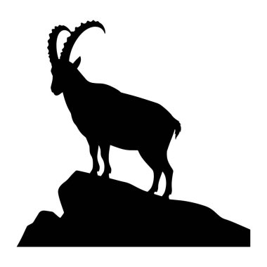 Bir dağ keçisinin siyah silueti kayalık bir yüzeyde beyaz bir zemin üzerinde duruyor. Dağ keçisi profil ile tasvir edilir, sola dönük, belirgin kavisli boynuzları belirgin bir şekilde sergilenir. Vücudu simsiyahtır. Kas şeklini belirtir.