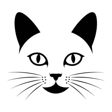 Siyah beyaz bir kedinin minimalist grafik çizimi. Görüntü büyük, badem şekilli gözler, üçgen bir burun ve görünür dişleri olan açık bir ağız içerir. Burnun kenarlarından belirgin bıyıklar uzanıyor, ve küçük noktalar Visi.