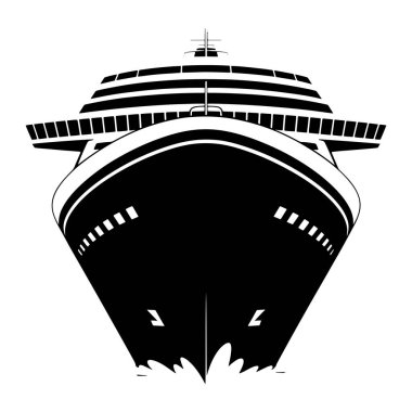 Simsiyah beyaz bir grafik, büyük bir yolcu gemisinin ön görüntüsünü tasvir eder. Gemi dalgalı sularda yüzerken gösteriliyor, pruvasında stilize dalgalar var. Gemi, pencere veya balkonları temsil eden yatay çizgileri olan birden fazla güverteye sahiptir.,