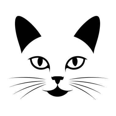 Bir kedinin yüzünün minimalist grafik çizimi. Görüntü, kedinin sivri kulaklarını, büyük anlamlı gözleri, küçük bir burnu ve gülümseyen bir ağzı tasvir eden beyaz bir zemin üzerinde siyah şekiller barındırır. Uzun, ince siyah çizgiler kedinin kaprislerini temsil ediyor.