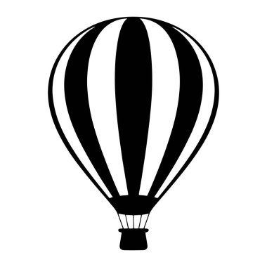 Siyah beyaz sıcak hava balonunun basit bir grafik çizimi. Balon, siyah ve beyaz arasında değişen dikey çizgilerle tasvir edilir. Balonun altında bir sepet var, yine siyah, çizgilerle asılı. Arka plan tamamen boş.