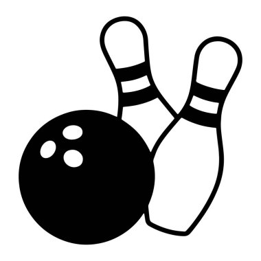 Basit bir siyah-beyaz çizimi, iki beyaz bovling lobutunun solunda üç beyaz parmak deliği bulunan siyah bir bowling topu tasvir eder. Her birinin iki siyah yatay çizgisi var. Nesneler siyah ile beyaz bir sırta çizilmiş.