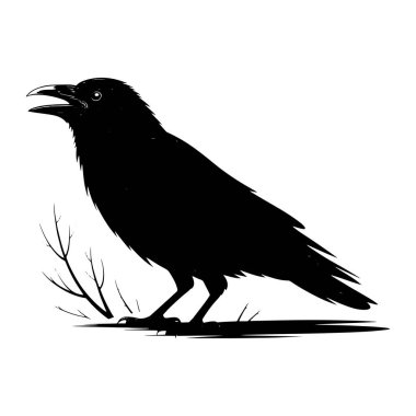 Yerde duran gagası açık siyah bir karga silueti tasvir edilir. Karganın solunda birkaç ince, çıplak dal var. Arkaplan tamamen beyaz, siyah denekle katıksız, grafik kontrastı oluşturuyor. Kalabalık...