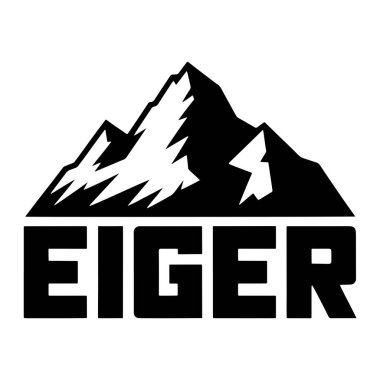 Siyah ve beyaz grafikler, siyah arkaplana karşı beyaz aksanlı sivri, sivri dağ zirvelerine sahiptir. Dağ siluetinin altında, 