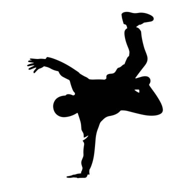 Breakdance yapan bir kişinin siyah silueti beyaz bir arka plana doğru çekilir. Dansçı bir elinde dengeli, vücudu dinamik bir pozda bükülmüş. Bir bacağı yukarı doğru uzanıyor, diğeri ise aşağı doğru eğik. 