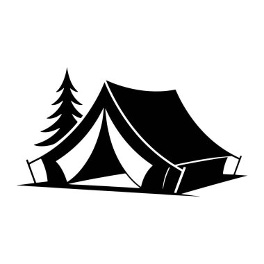 Minimalist siyah bir siluet, beyaz bir arka plana kurulmuş, açık girişi olan bir kamp çadırını tasvir ediyor. Çadırın solunda da siyah siluet içinde stilize edilmiş, her zaman yeşil bir ağaç duruyor. Sahne bir açık hava macerası ya da kamp uzmanlığını çağrıştırıyor.