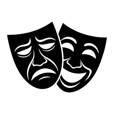 İki stilize maske, biri hüzün ve diğeri neşe tasvir ediyor, yüz hatları için beyaz kesikli koyu siyah renkle çiziliyor. Maskeler yan yana, soldaki trajik maske ve sağdaki komik maske ile bir yıldıza karşı.