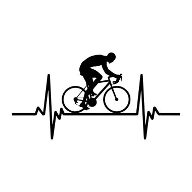 Yarış bisikletindeki siyah bir bisikletçinin silüeti siyah bir elektrokardiyogram çizgisinin üzerine yerleştirilmiştir. Bisikletçi, bisikletin tekerlekleri ve çerçevesi açıkça görülebilen çömelmiş, aerodinamik bir pozisyonda tasvir edilir. Kalp atışı hori 'yi genişletiyor.