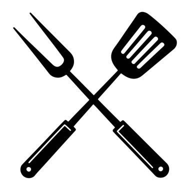 Siyah grafik bir mangal çatalı ve bir barbekü spatulasının beyaz arka planda kesiştiğini gösteriyor. Çatalın iki dişlisi ve uzun bir sapı var. Spatula düz, üç yuvası ve uzun sapı var. Her iki aletin de bir sadeliği var.