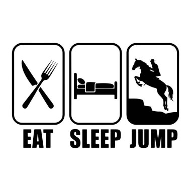 Beyaz yuvarlak dikdörtgen şeklinde üç siyah simge içeren bir grafik tasarımı. İlk ikon bir çatal ve bıçağın kesiştiğini gösteriyor, yemek yemeyi simgeliyor. İkinci ikon, bir yatakta uyuyan, uykuyu temsil eden birini tasvir eder. Üçüncü simge bir atı betimliyor.