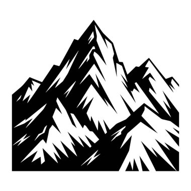 Keskin, sivri tepeli bir dağ sırasının grafiksel bir temsili. Görüntü, dağların keskin kenarlarını ve dramatik hatlarını vurgulayan, saf beyaz arka plana karşı siyah bir siluet. Tasarım sade ve minimalist, yüksek