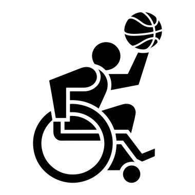 Tekerlekli sandalyede kafasına basket topu fırlatmaya hazır siyah bir siluet. Görüntü, tekerlekli sandalye basketbolu sporu yapan bir sporcuyu tasvir eden temiz çizgilerle biçimlendirilmiş bir grafik. Bu figür profil olarak gösterilir