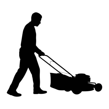 Yandan siyah bir siluet tasvir edilmiş, yürüyen ve çim biçme makinesini iten bir adam. Adam uzun kollu ve pantolonlu ve başı öne eğik. Çim biçme makinesi klasik bir çim biçme makinesidir. Arka plan sağlam. 