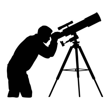 Bir insanın siyah bir silueti bir yandan teleskopla görülüyor. Teleskop bir tripoda monte edilmiştir. Kişi bir şeyi gözünden gözlemlemeye odaklanmış gibi görünüyor. Görüntü, beyaz bir b 'ye karşı basit bir siluettir.
