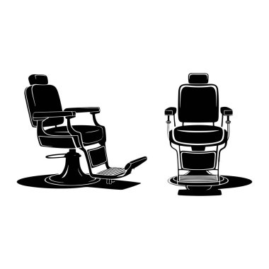 Klasik berber sandalyelerinin iki siyah ve beyaz çizimi beyaz arka planda sergilenmektedir. Sol taraftaki sandalye profil olarak gösteriliyor, ayaklığı uzatılmış ve kolçakları görünür durumda. Sağdaki sandalye de ön taraftan gösteriliyor. 