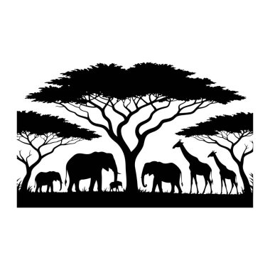 Siyah bir siluet, bir Afrika savanası sahnesini betimliyor. Kendine özgü düz tepe örtüleri olan birkaç akasya ağacı araziye yayılmıştır. Ağaçların altında, yetişkinler ve bir buzağı da dahil olmak üzere bir fil sürüsü ve üç yavru görülebilir. 