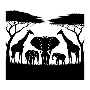 Siyah bir siluet, bir Afrika savanası sahnesini betimliyor. Ön planda, iki yetişkin ve iki yavrusu da dahil olmak üzere bir fil ailesi çimenli zeminde duruyor. Arkalarında, iki zürafa fillerin her iki tarafına yerleştirilmiş, uzun boyunları.