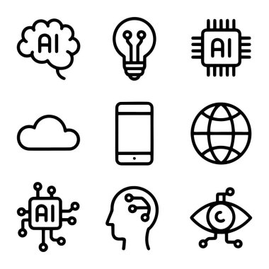 Beyaz zemin üzerinde dokuz siyah taslak simge koleksiyonu, yapay zeka ve teknolojinin çeşitli yönlerini temsil ediyor. İkonlar arasında içinde 