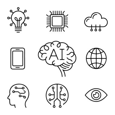 Beyaz arkaplanda 3 'e 3 ızgara şeklinde dizilmiş 9 adet siyah taslak simge koleksiyonu. İkonlar çeşitli teknolojik kavramları temsil ediyor. Işıldayan çizgileri olan bir ampul, merkezi işlemci çipi, alçalan bir bulut.