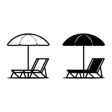 Plaj mobilyalarını tasvir eden iki stil ikonu. Sol ikon, güneş şemsiyeli bir şezlongun ana hatları. Doğru simge, aynı düzenlemenin katı bir siluetidir. Her ikisi de beyaz bir arkaplanda sunuluyor..