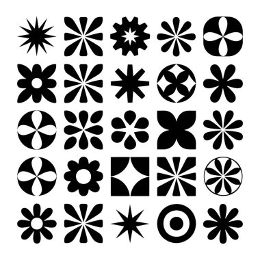 25 siyah soyut şekilden oluşan bir derleme. Beşe beş bir ızgara şeklinde düzenlenmiş. Düz beyaz bir arkaplan. Şekiller farklı sayıda taç yaprakları, farklı noktalara sahip yıldız patlamaları, dairesel motifler içerir.