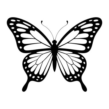 Bir kelebeğin siyah beyaz grafik çizimi. Kelebek geniş kanatları ile tasvir edilir, siyah çizgiler ve beyaz boşluklardan oluşan simetrik bir desen sergiler. Kanatlarda segmentli bölümler ve bir dizi beyaz oval şekil yer alıyor.