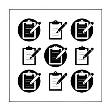 Birbirinin aynı dokuz siyah ve beyaz ikondan oluşan bir ızgara sergilenmektedir. Her simge, kağıdı temsil eden yatay çizgilere sahip bir pano ve kağıda yazıyormuş gibi yerleştirilmiş bir kalem içerir. Bazı simgeler siyah bir çemberin içindeyken, diğerleri öncüdür.
