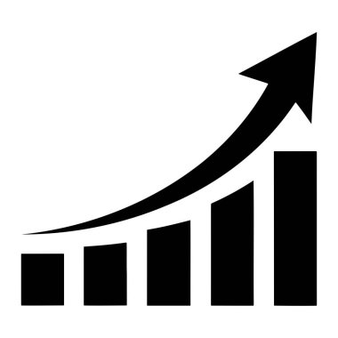 Siyah bir grafik, yükselen yüksekliğe sahip beş dikey çubuklu bir çubuk çizelgesi tasvir eder. Yukarı doğru eğimli bir ok ilk çubuğun tabanından çıkar ve son çubuğun üstünden geçerek büyüme veya ilerlemeyi gösterir. Arka plan bembeyaz.