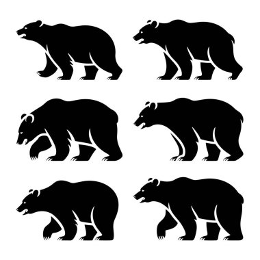 Bir grafik, beyaz arka planda altı tane siyah ayı siluetini gösteriyor. Ayılar çeşitli yürüyüş pozlarında tasvir edilirken, bazıları kükreyerek ağızları açık ve dişleri açık bir şekilde ortaya çıkar. Tarzı minimalist, cesur ve vurgulu.