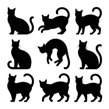 Beyaz arka planda sergilenen dokuz siyah kedi silueti koleksiyonu. Kediler dik oturmak, esnemek ve yürümek de dahil olmak üzere çeşitli pozlarda tasvir edilir. Her siluet koyu siyah bir şekildir, farklı şekilleri vurgular ve m
