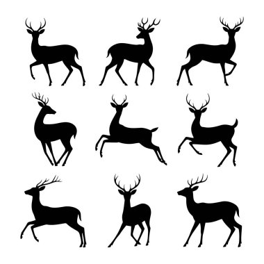 Beyaz arka planda dokuz siyah geyik silueti koleksiyonu. Geyik çeşitli pozlarda tasvir edilir, ayakta durmak, yürümek, koşmak ve zıplamak gibi. Her geyiğin belirgin boynuzları vardır. Grafik tarzı temiz ve minimalist, odaklanmış.