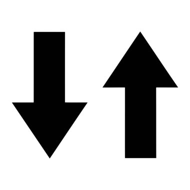 İki katı siyah ok, saf beyaz bir zemine karşı yan yana dizilmiştir. Sol taraftaki ok direkt olarak aşağı doğru, sağ taraftaki ok ise yukarı doğru işaret ediyor. İki ok da basit, geometrik şekiller ve keskin noktalar.