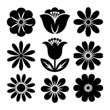 Beyaz arka planda 3 'e 3' lük bir ızgarada 9 stilize siyah çiçek çiziminden oluşan bir koleksiyon düzenlenir. Çiçekler şekil ve detay olarak farklılık gösterirken, bazıları merkezi bir çemberden yayılan birden fazla taç yaprağı içerir.