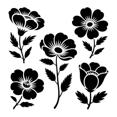 Beyaz arka planda beş siyah çiçekli siluet koleksiyonu. Her siluet farklı taç yaprakları ve yaprak düzenleriyle farklı bir çiçeği tasvir eder. Çiçekler stilize edilmiş ve biraz da süslemeli.