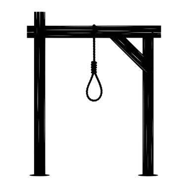 Ahşap bir darağacının siyah silueti beyaz arka planda duruyor. Yapı bir yatay ışını destekleyen iki dikey direkten oluşur. Kalın, bükülmüş bir ip kirişin ortasında asılı duruyor ve altta bir halka oluşturuyor. İp takıldı.