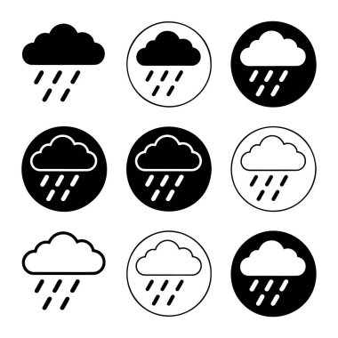 Yağan yağmurlu bir bulutu tasvir eden dokuz hava ikonundan oluşan bir derleme. Bazı simgeler beyaz yağmurlu koyu siyahtır, diğerleri siyah arkaplandaki beyaz çizgilerdir veya beyaz arkaplandaki katı siyahtır. Simgeler üçe üç sıralanır.