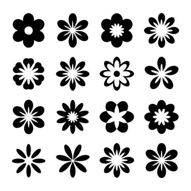 Sade beyaz bir arkaplana karşı koyu siyah renkte yapılmış 16 farklı çiçek ikonundan oluşan bir ızgara. Simgeler, basit yuvarlak yapraklardan daha karmaşık, yıldız benzeri oluşumlara kadar çeşitli taç yaprakları ve merkezi tasarımlar sergiliyor.. 