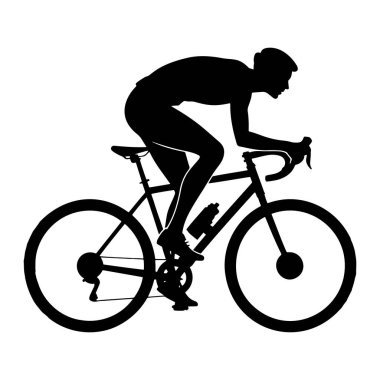Yarış bisikleti süren siyah bir siluet. Bisikletçi ellerini gidona koyarak aerodinamik bir pozisyonda öne eğiliyor. Bisikletin çerçevesinde iki tekerlek, bir çerçeve, pedallar ve bir su şişesi vardır. Görüntü...