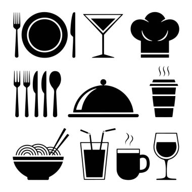 Çeşitli yemek ve içecek öğelerini temsil eden siyah ve beyaz simgelerden oluşan bir koleksiyon. Görünür eşyalar arasında çatal, tabak ve bıçak seti, martini bardağı, şef şapkası, kapaklı servis tabağı, tek kullanımlık kahve fincanı, pirzola ile bir kase erişte var.