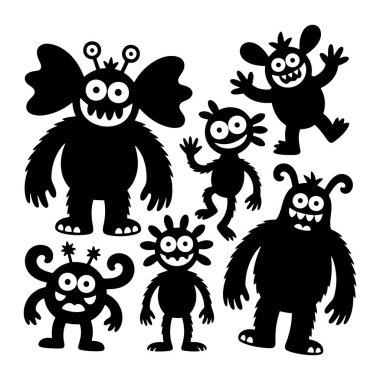 Beyaz arka planda altı farklı siyah çizgi film canavarından oluşan bir koleksiyon. Her canavarın birden fazla göz, boynuz, anten ve çeşitli vücut şekilleri gibi benzersiz özellikleri vardır, bazıları büyük kanatlı veya kürklü dokulara sahiptir. T