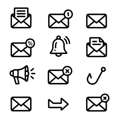 Beyaz arkaplanda siyah taslak simgelerinden oluşan bir koleksiyon. Simgeler, metin ile açık zarflar, bir numara, bir yüzde işareti ve bir iptal işareti gösteren bildirim rozetli kapalı zarflar da dahil olmak üzere e-posta ile ilgili çeşitli sembolleri tasvir eder. 