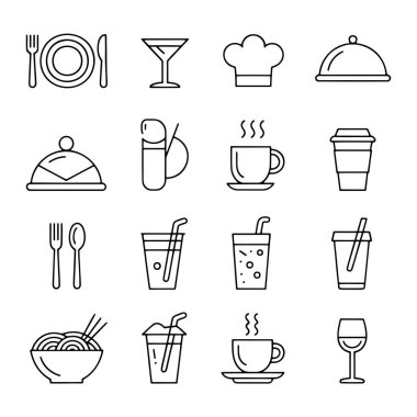 Çeşitli yiyecek ve içecekleri tasvir eden basit siyah çizgi sanat simgelerinden oluşan bir koleksiyon. İkonlar arasında bir tabak, çatal ve bıçak, bir martini bardağı, bir şef şapkası, iki kapaklı tabak, bir bardak sapı ve buharı olan bir yer ve bir paket kahve yer alıyor.