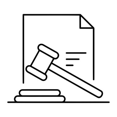 Siyah ana hatlı bir ikon, bir tabanı veya bloğu sembolize eden iki oval şekil üzerinde dinlenen bir tokmak tasvir eder. Tokmağın arkasında katlanmış bir köşe ve metni temsil eden üç yatay çizgi ile bir belge gösterilir. Genel görüntü basit ve temiz bir tekrarı.