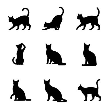 Dokuz siyah kedi siluetinden oluşan bir koleksiyon temiz beyaz arka planda sergileniyor. Kediler çeşitli pozlarda tasvir edilir, yürüyüş, esneme, dik oturmak, kendilerini tımar etmek ve oyuncu bir duruş içinde olmak gibi. Basit, grafik biçimi 