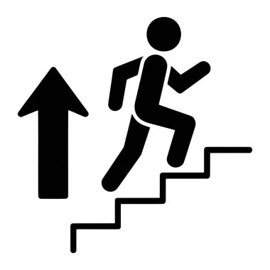 Bir kişinin siyah silueti bir dizi merdiven yükselirken hareket halinde tasvir edilir. Merdivenlerin solunda, koyu siyah bir ok yönü ve ilerlemeyi sembolize ediyor. Genel görüntü temiz, minimalist bir grafik oranı