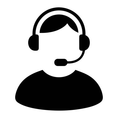 Mikrofonlu bir kulaklık takan siyah bir siluet. Başı ve omuzları yuvarlak olan figürün kulaklığı kulaklığı kapanıyor ve kafasının yanından bir mikrofon uzanıyor. Görüntü bir beyaza karşı basit bir grafik simgesidir